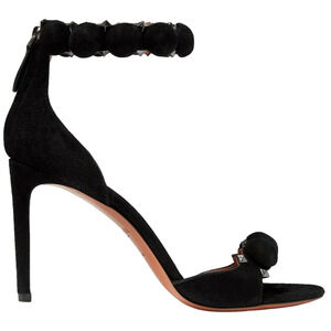 Alaia Bombe 90mm Black Suede Studded Pom Pom Ankle Strap Sandal Heel Pump 37